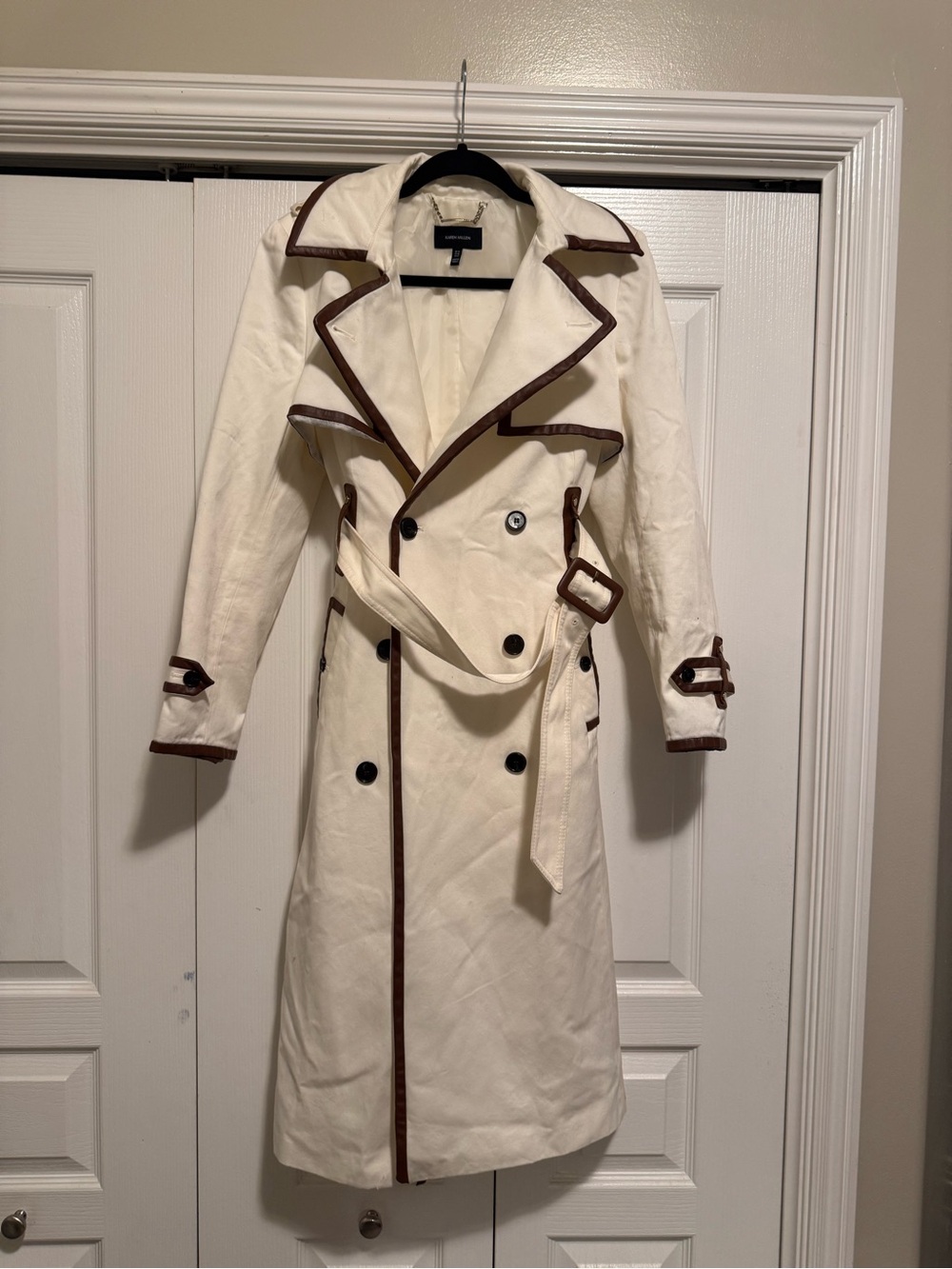 Karen Millen Cream Trench Coat with Brown Trim